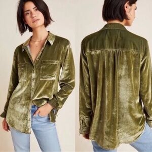 Maeve Olive Velvet Button Down Shirt